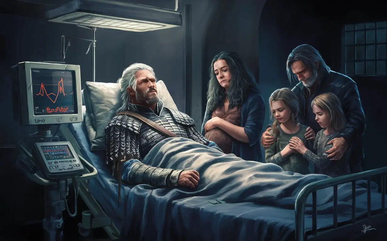 geralt lies on the hospital bed, has fallen asleep forever due to heart stop and cardiomonitor shows a sad face crying with flowing tears. His family, wife, and grandchildren are standing near, all looking sad and weeping.