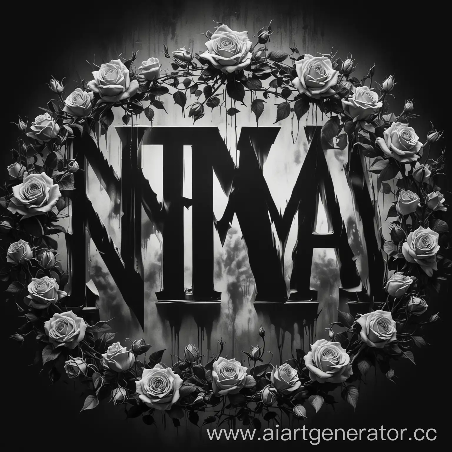 логотип рок-группы буквы N.T.M.A., черно-белое изображение, экспрессия, тела музыкантов в тени за буквами, t-shirt design, буквы обвиваются розами
