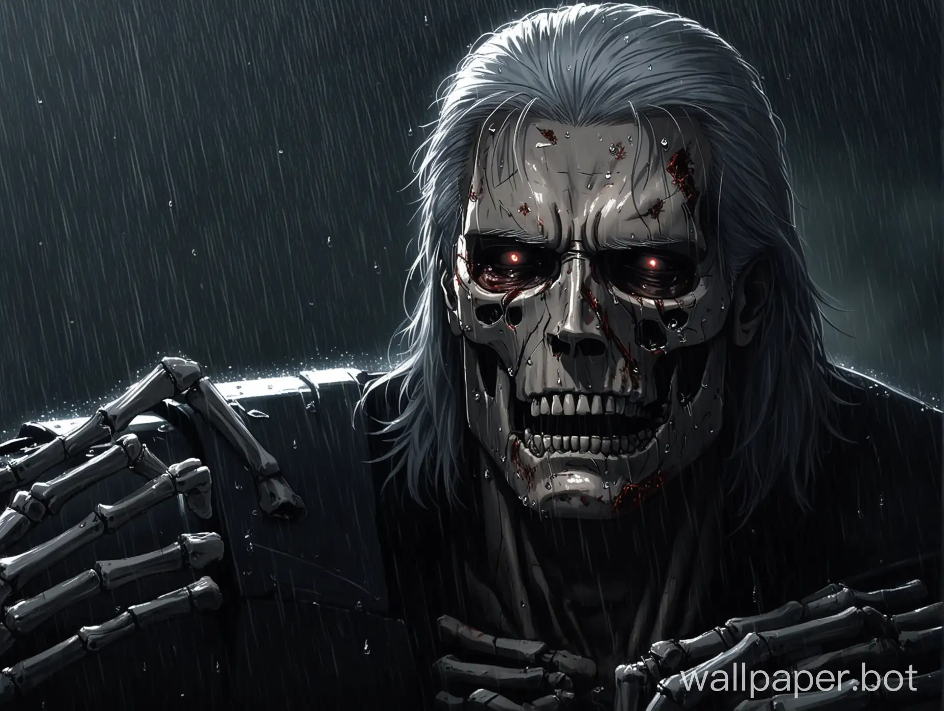 Geralt terminator visible on the TV, torn wounds on the face, under them you can see the skeleton of the terminator, expression of shock and sadness, a teardrop slowly runs down his cheek, he is in shock and crying, sad next to him is an angel, and death stands nearby. The atmosphere is horrible and sad, it's raining.
