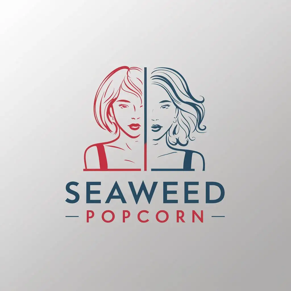 a logo design,with the text "seaweed popcorn", main symbol:Two girls on the sides of a picture, one with short hair, the other with wavy hair. A third of the distance is left blank, writing: seaweed popcorn. Overall color coordination: red, white, blue,Minimalistic,be used in Entertainment industry,clear background