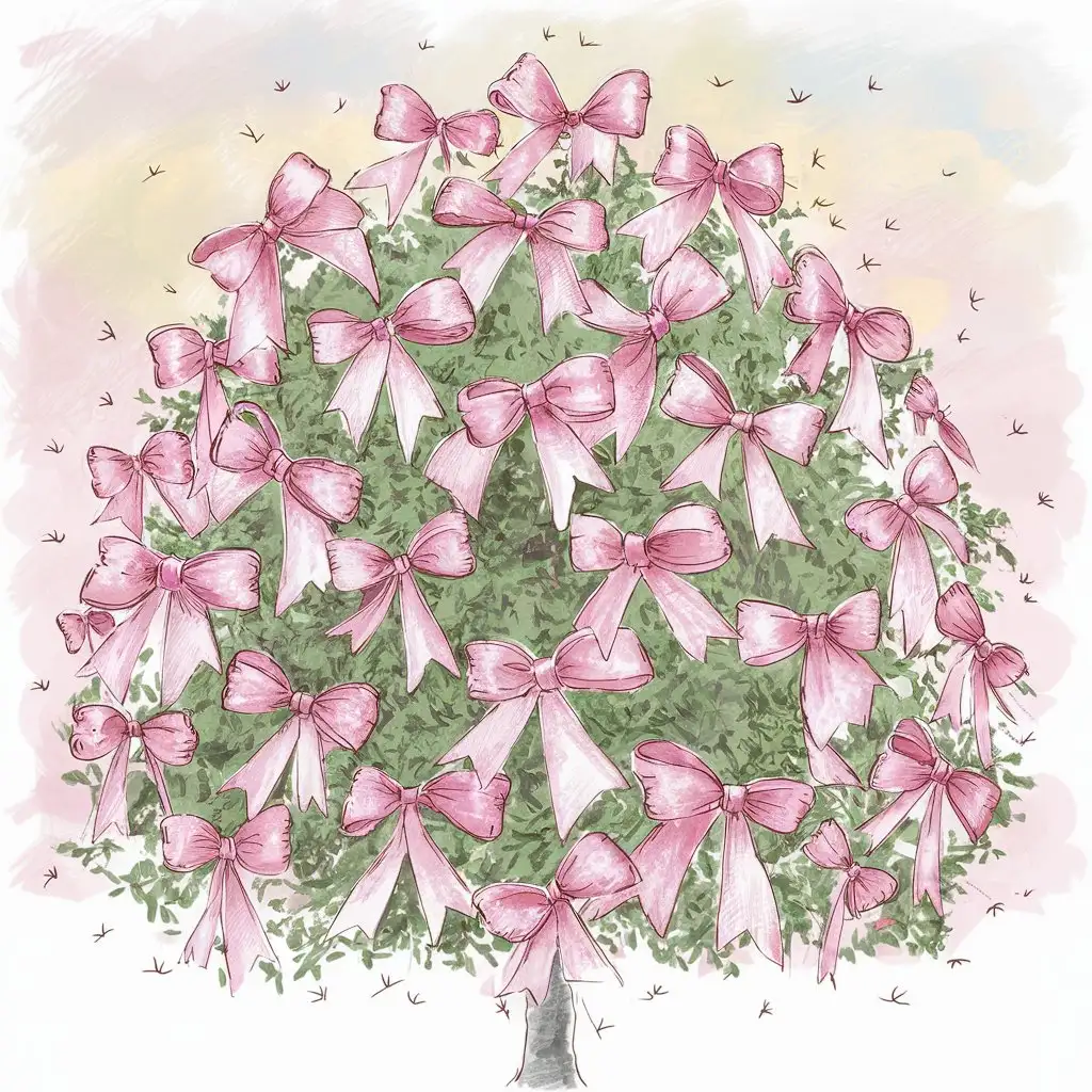 Whimsical Sketch of PinkBowed Tree Playful Nature Illustration
