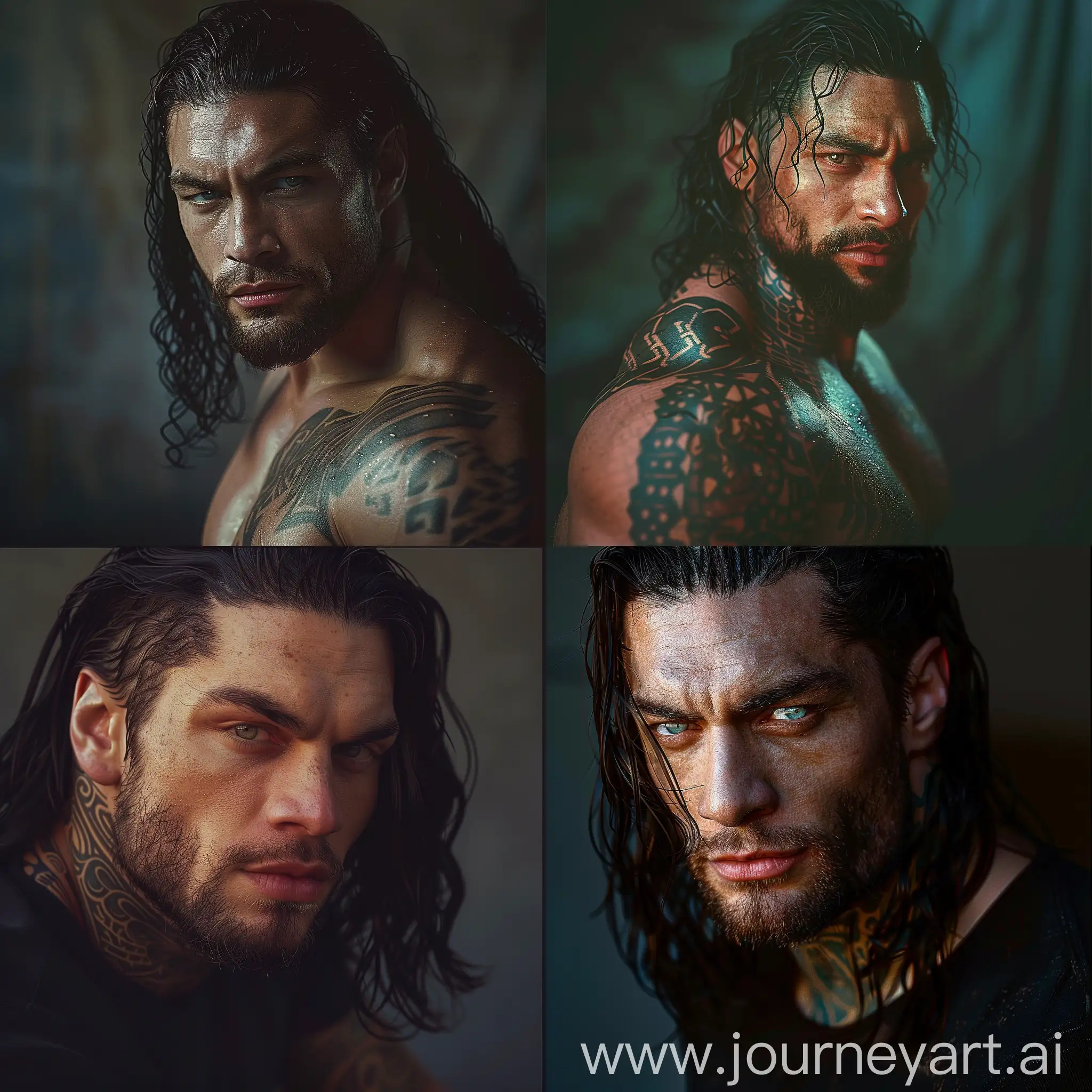 Subject: Roman Reigns, cinematic Photography in Petra Collins' Signature Style, with Zdzislaw Beksinski aesthetic
Type of Image: Photorealistic Image, 
Art Styles: cinematic Photography, 
Art Inspirations: Petra Collins
Camera: DSLR Camera 
Shot: Cinematic Shot 
Render Related Information: High Resolution, Soft Lighting, Dreamy Aesthetic, Expressive scene 
