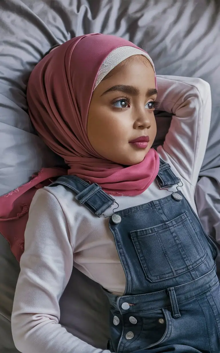 Beautiful-Hijabi-Teen-Girl-Relaxing-on-Bed-in-Pink-Lipstick-and-Jean-Overalls