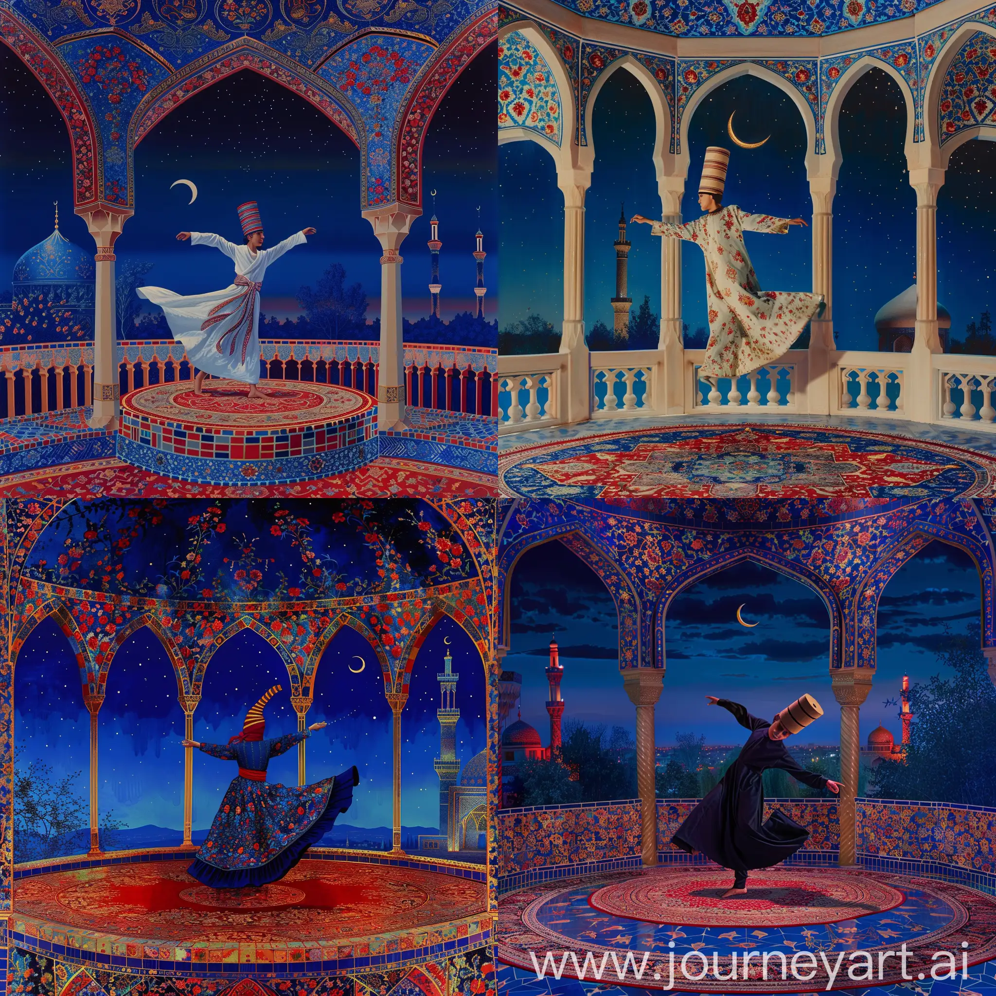 A youth British dervish wearing cylindrical fez cap performing sufi whirling sema dance on a persian carpet, inside an octagonal balcony having three arches decorated with red blue gold persian floral motifs, serene night sky with a crescent, view of Persian tiled mosque having red blue floral decorations, blue red golden composition --v 6 --ar 2:3 --sref https://cdn.discordapp.com/attachments/1213041174428782623/1246562622023667812/IMG_20240326_220808.png?ex=665ed1a9&is=665d8029&hm=6f1f1e5aecf9df059ce5f3d1854b2b16f6bc230019908a9c600a623016147b28& --style raw