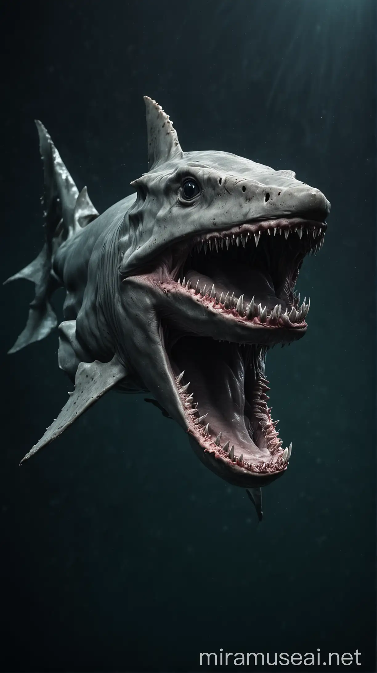 goblin shark with extended jaw in the depths of the ocean. Make it look real 