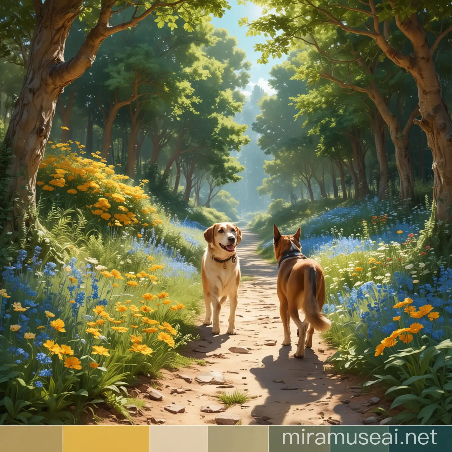 **Prompt for Designer:**
- **Background**: Create a background with lush trees and vibrant flowers, under a bright blue sky with sunlight filtering through.
- **Characters**: Design a young boy and a loyal guard dog walking together on the natural path. Show their companionship and the bond between them.
- **Colors**: Use warm and inviting colors to create a welcoming and peaceful atmosphere.
- **Style**: Keep the style surreal and captivating, with attention to detail to make the scene come alive.
- **Message**: Ensure the design conveys the message of companionship, environmental conservation, and the importance of protecting animals.Here's a color palette for your environmental conservation-themed design:

- Sky Blue: #87CEEB
- Sunlight Yellow: #FFFF00
- Lush Green for Trees: #2E8B57
- Vibrant Flowers: #FF69B4
- Boy's Clothing: Earthy Brown: #8B4513
- Dog's Fur: Warm Tan: #D2B48C
- Pathway: Sandy Beige: #F5DEB3
- Highlights: Bright White: #FFFFFF
- Shadows: Deep Green: #006400

This palette should help convey warmth, vibrancy, and a sense of connection with nature.Digital Painting:
Surreal Environmentally Friendly:
Portrait Painting: