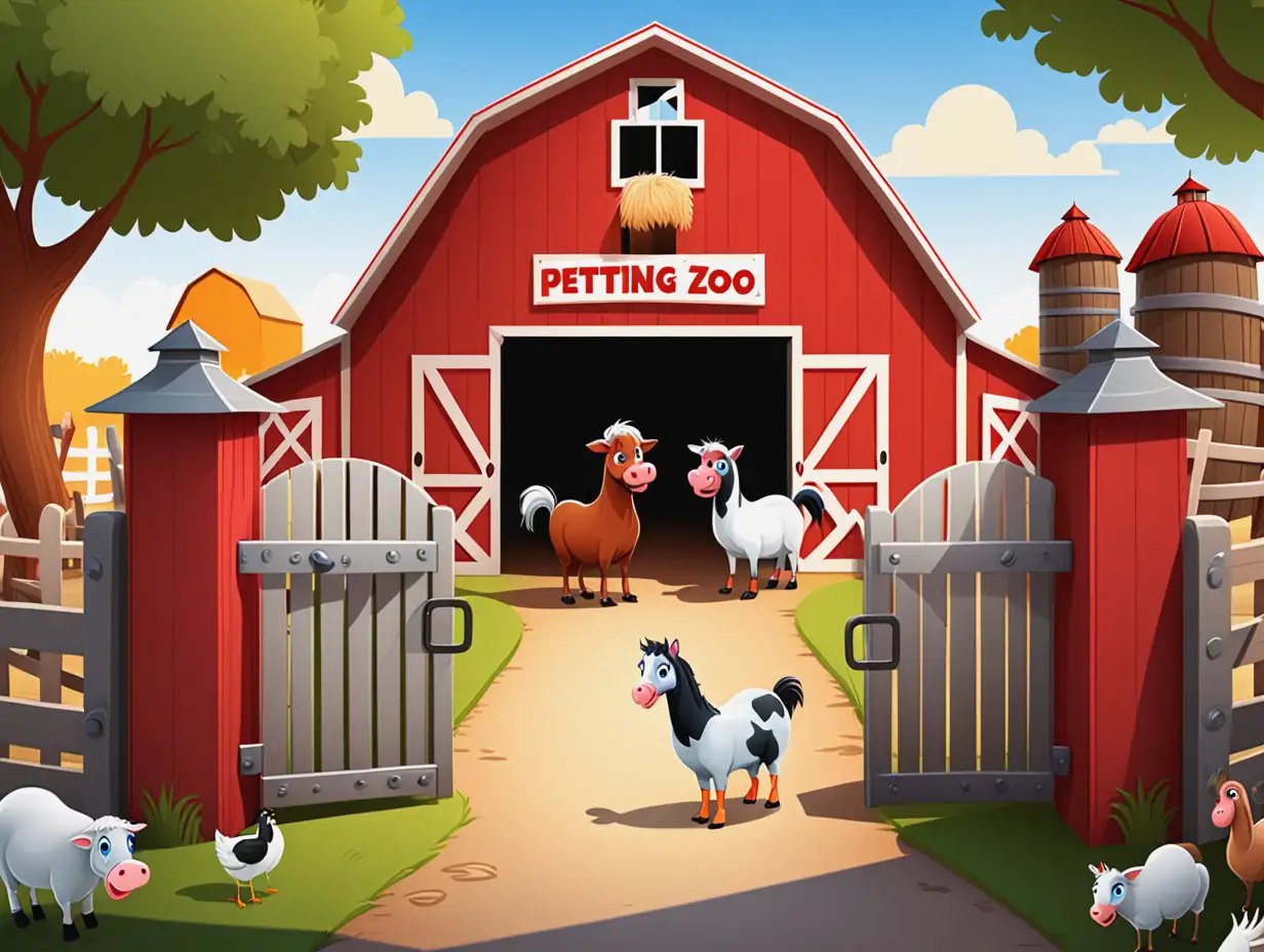 Colorful Cartoon Petting Zoo Entrance with Barn and Gate