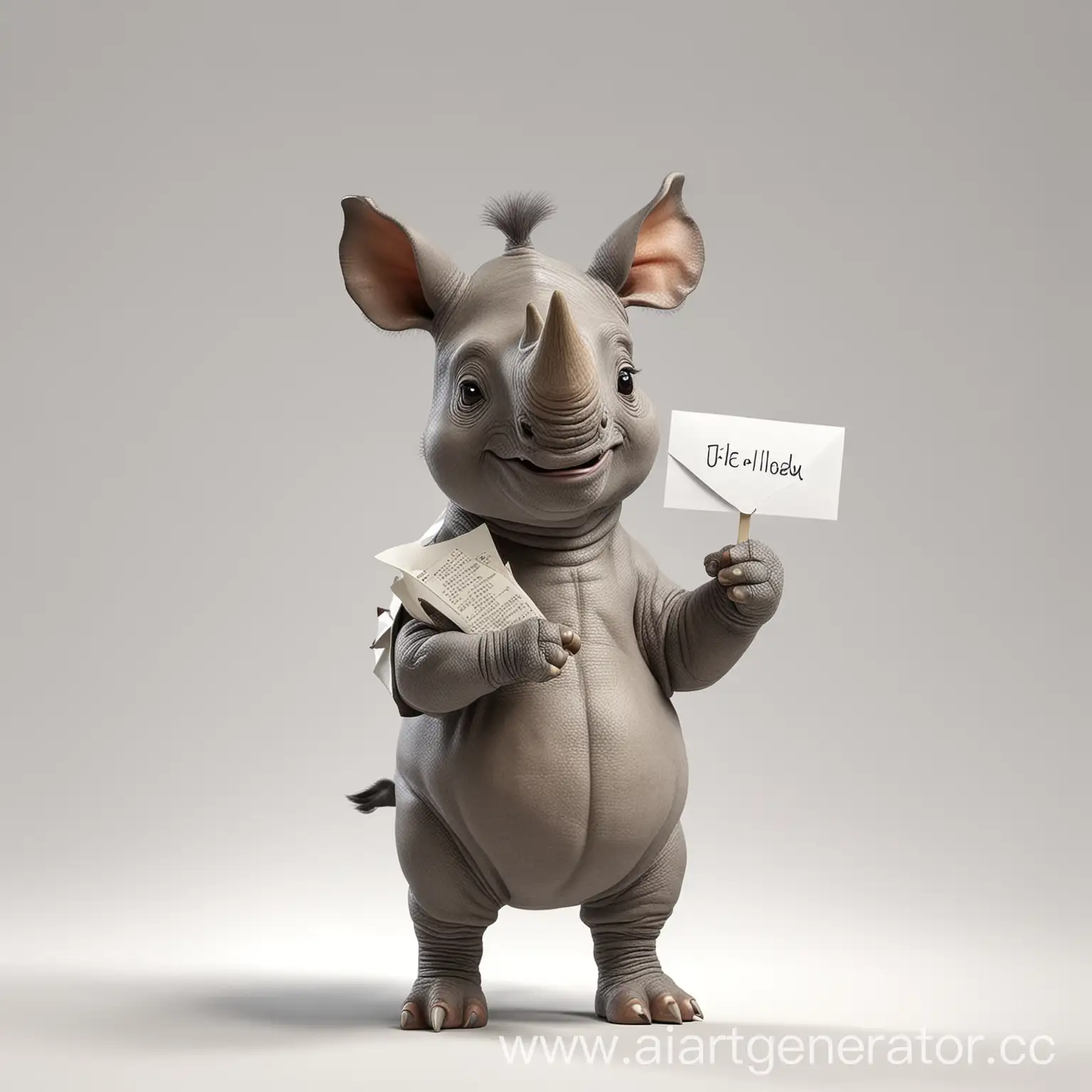 A cute little rhinoceros holds a letter in his hands, standing tall on a white background
