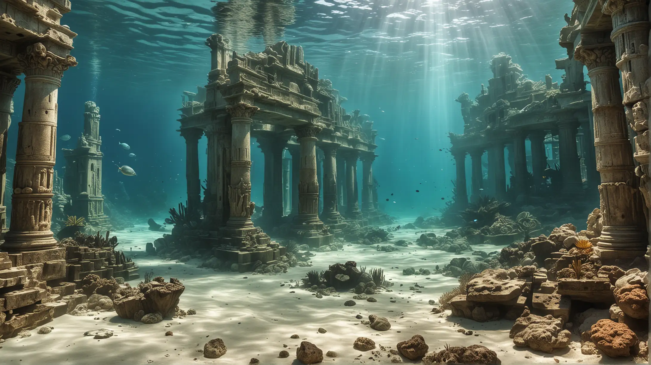 The ruins of Atlantis under water, sandy bottom