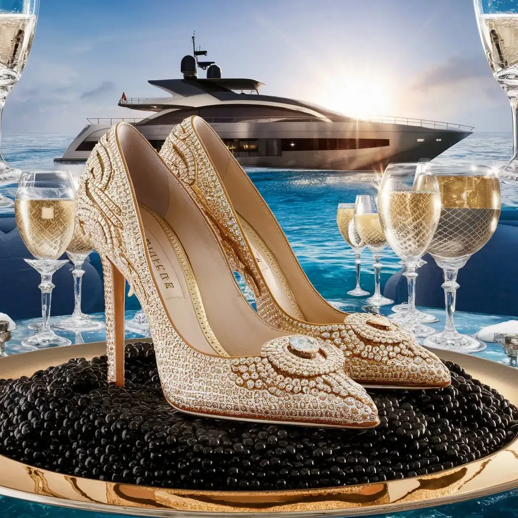 A fantastic promotional graphic with expensive womens shoes, Caviar, and private yachts in the same photo. 