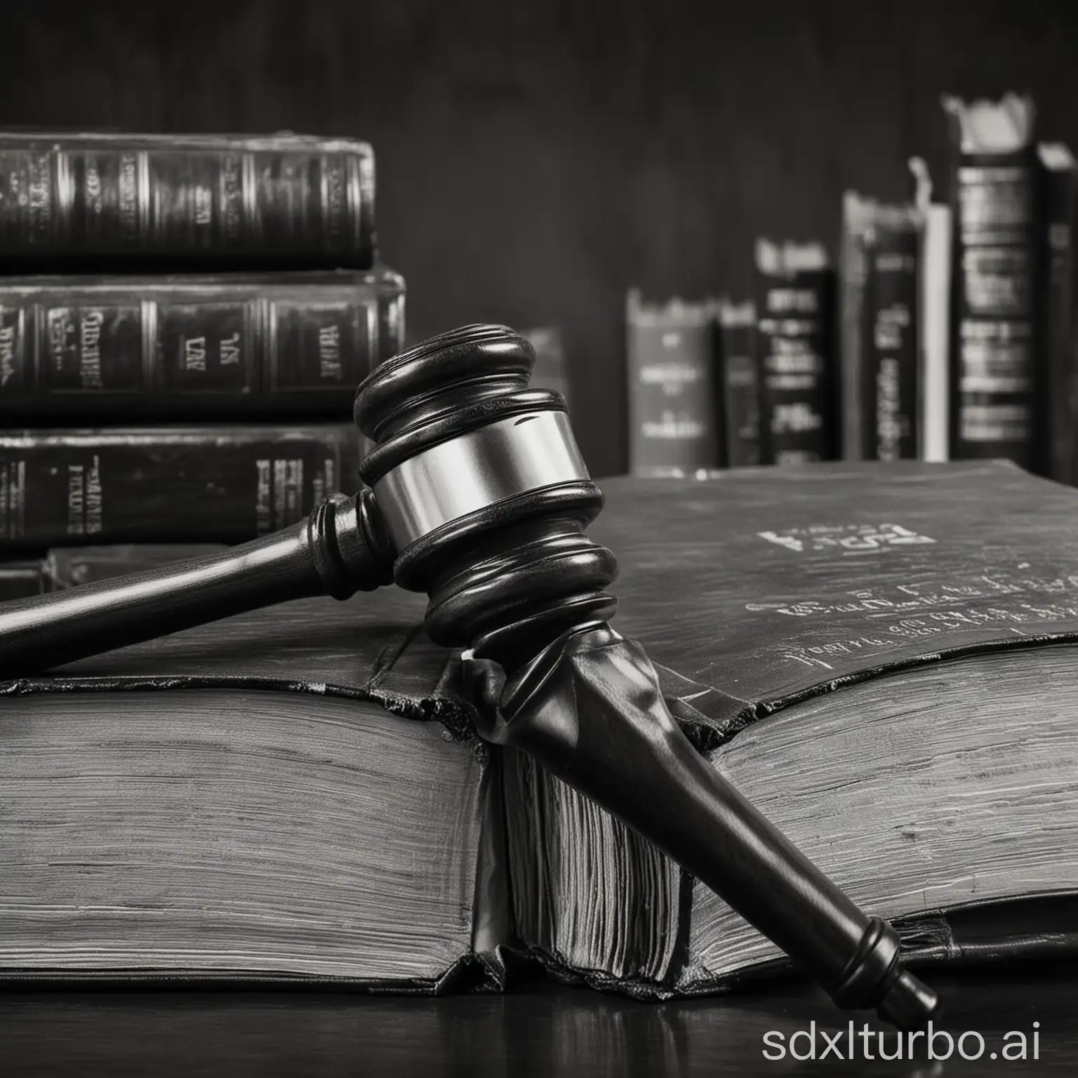 A close-up of a gavel and a stack of law books. The gavel is resting on the books, and the books are open to a page with legal text. The image is in black and white, and it has a serious and professional feel.