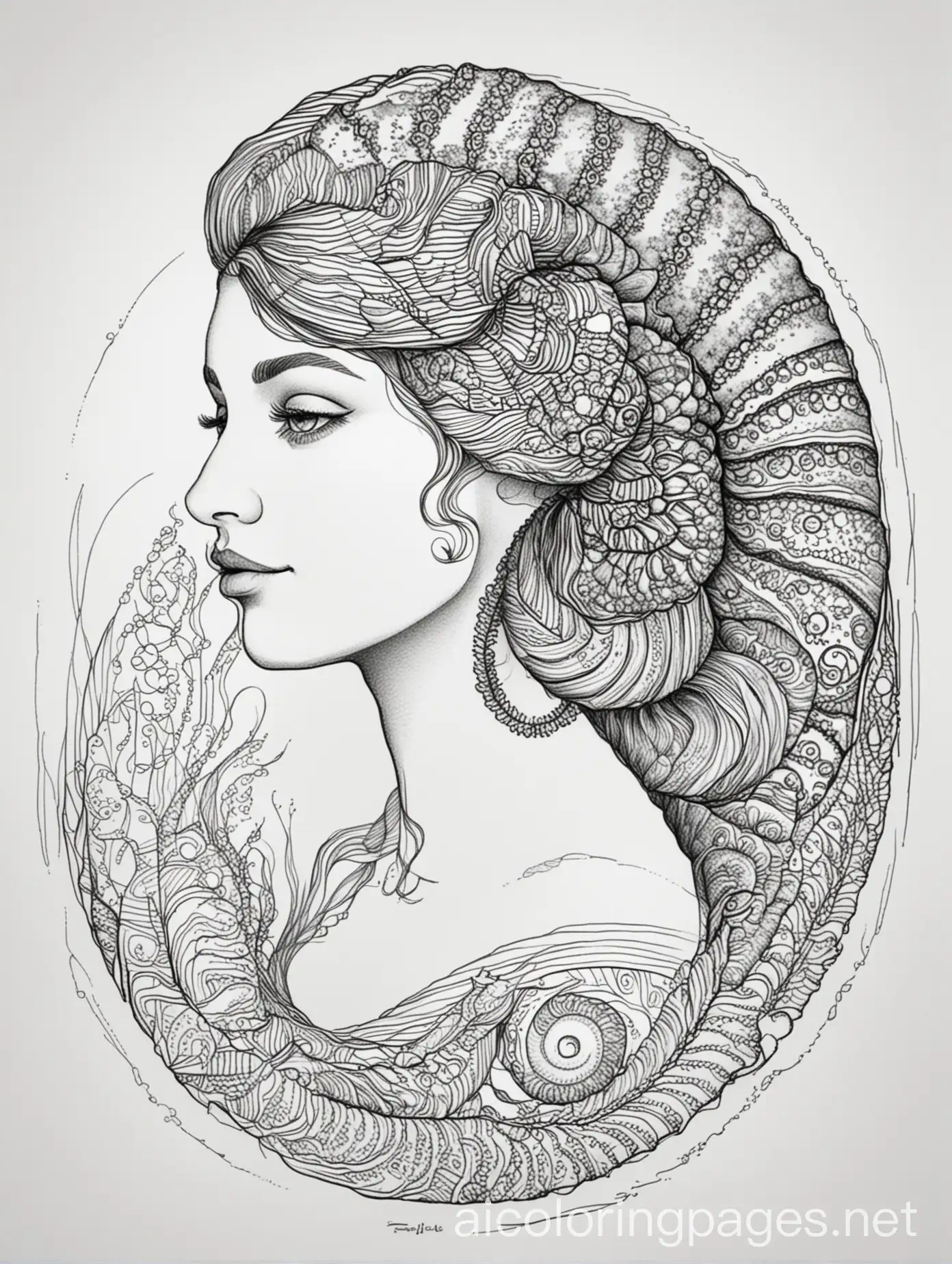 colouring page simple line art beautiful ammonite lady , Coloring Page, black and white, line art, white background, Simplicity, Ample White Space. The background of the coloring page is plain white to make it easy for young children to color within the lines. The outlines of all the subjects are easy to distinguish, making it simple for kids to color without too much difficulty