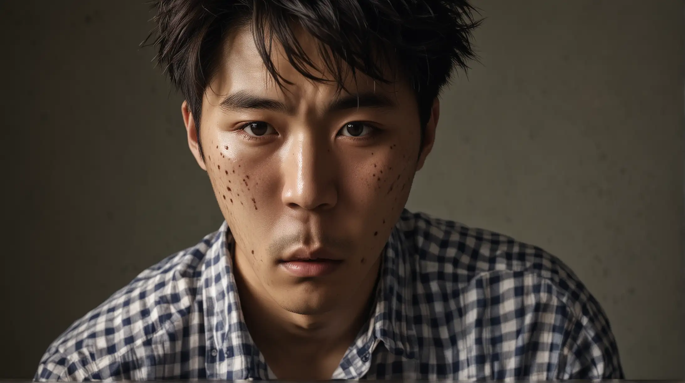 Classic portrait-style photography, korean guy, tired, young-looking, late 30's, checkered shirt, bruise on cheek, photo realistic, cinematic lighting