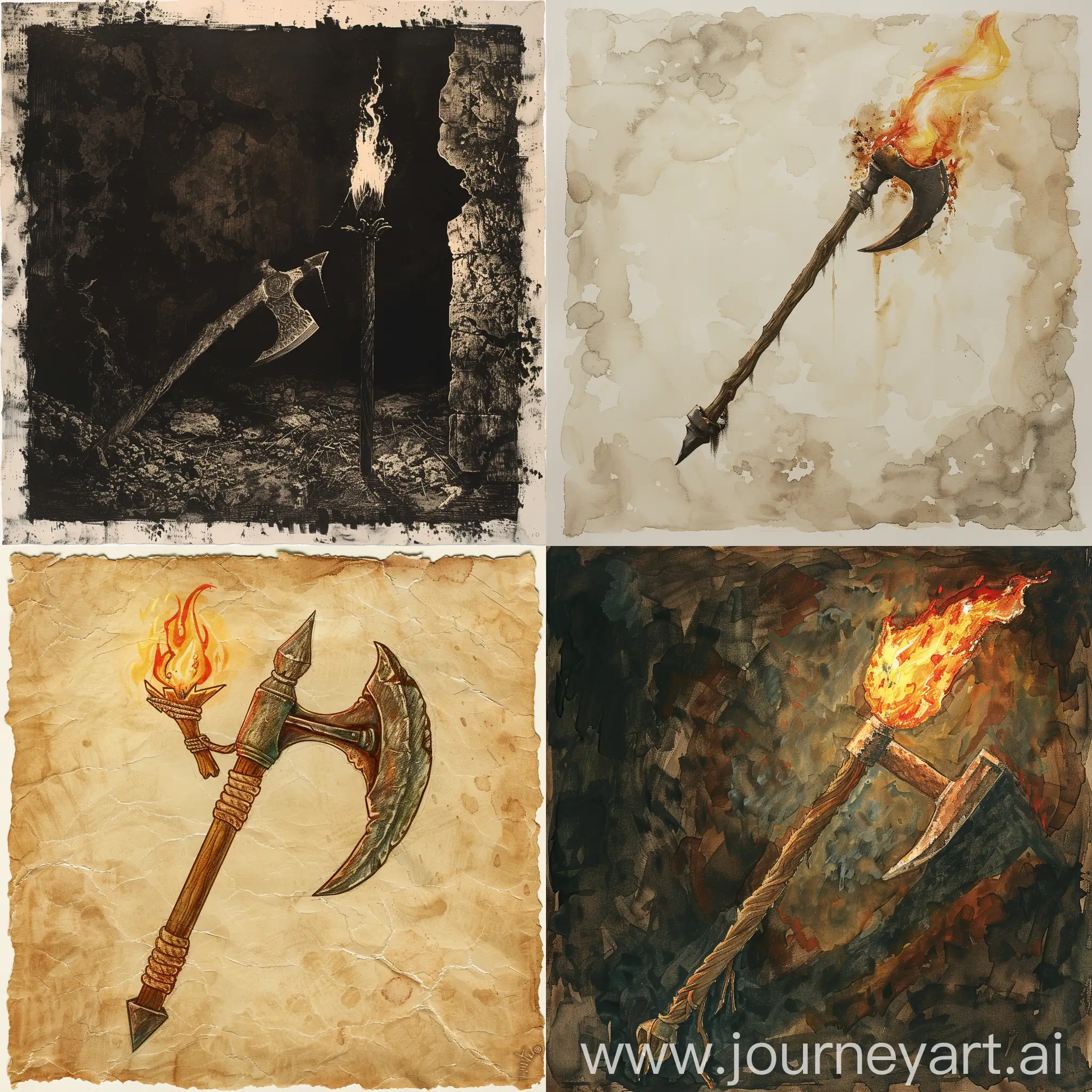 Medieval-Style-Illustration-of-Pickaxe-and-Torch-on-Paper