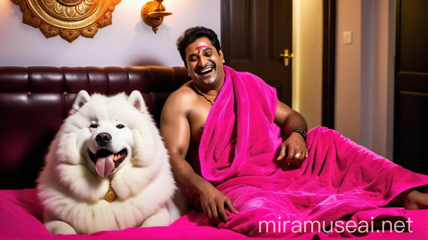 a 23 years indian muscular man with bull head is sitting with a 53 years  indian mature fat woman  with makeup wearing earrings and gold ornaments   with boob cut style   . both are wearing wet neon pink bath towel and   in a luxurious bed room ,and are happy and laughing. and a Samoyed
Dog breed is near them. they are in a big luxurious  home. its a night  time and lights are there. its raining . they are drinking Whiskey.