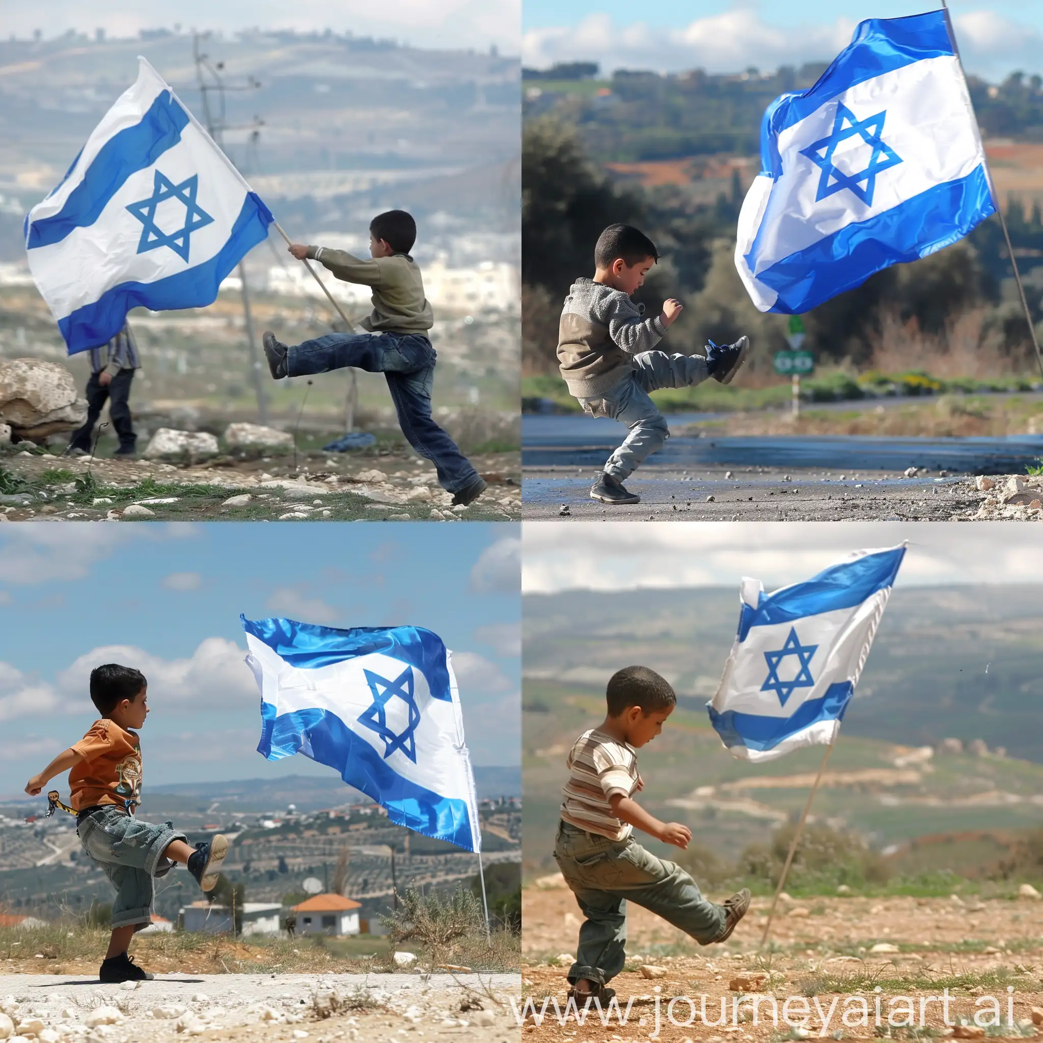 یک پسر فلسطینی در حال لگد کردن پرچم اسرائیل