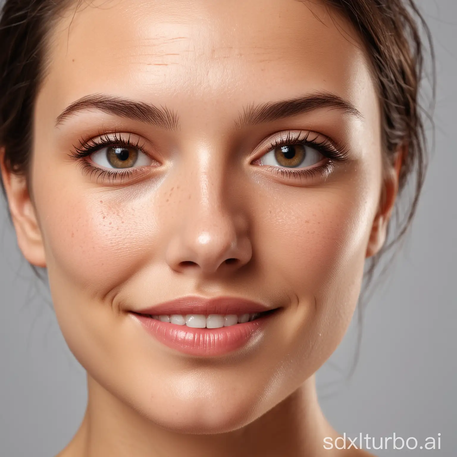 A close-up of a woman's face with clear, radiant skin. The woman is looking at the camera with a confident smile on her face. Her skin is smooth, even-toned, and free of blemishes.