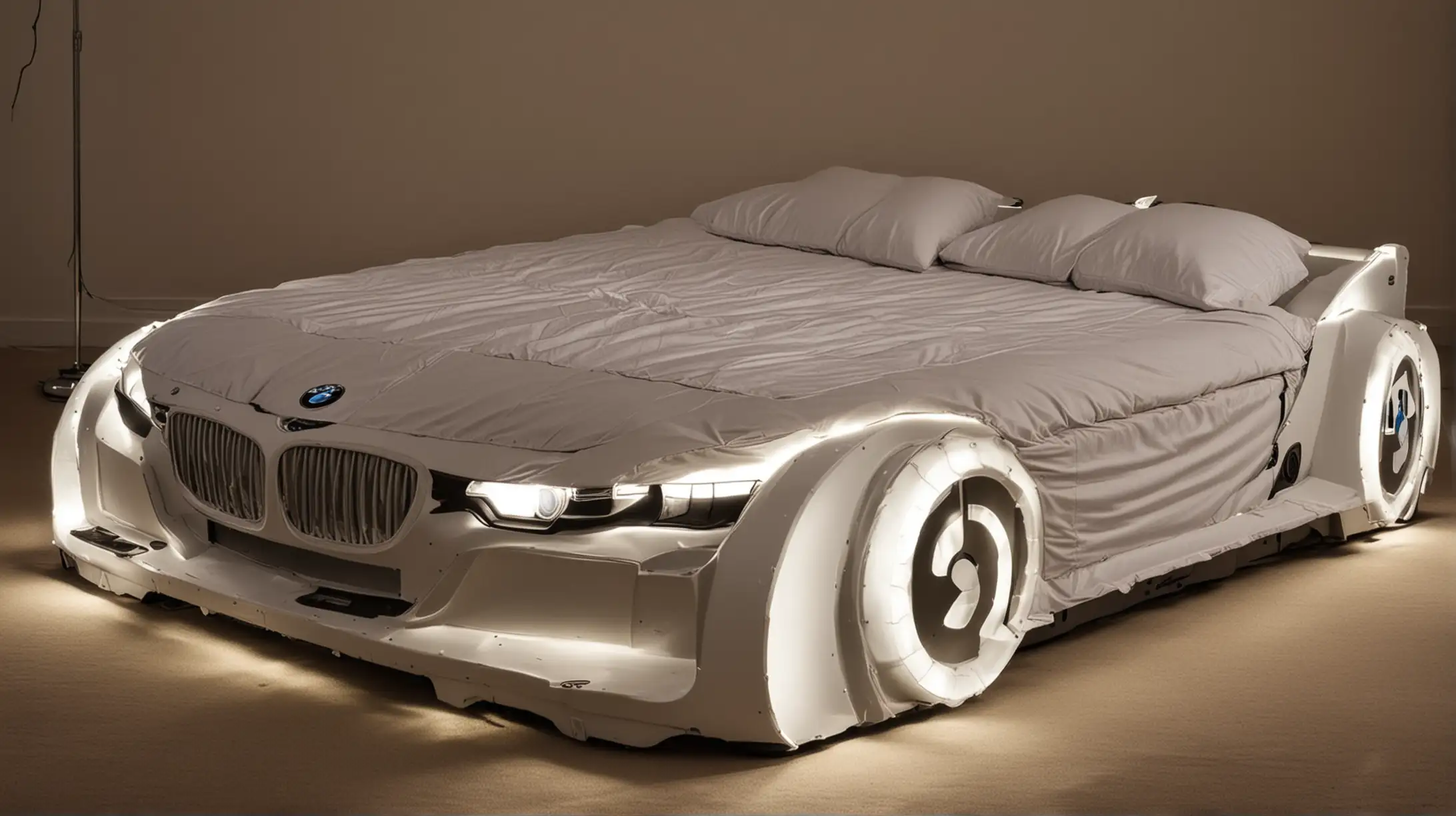 Double bed in the shape of a BMW car with headlights on