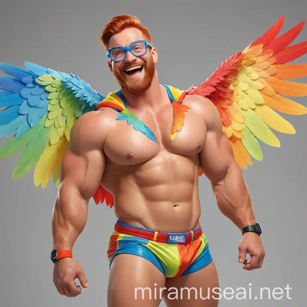 Studio Light Lovely Smile Topless 40s Ultra Chunky Red Head Bodybuilder Daddy with Beard Wearing Multi-Highlighter Bright Rainbow Colored See Through huge Eagle Wings Shoulder Jacket short shorts and Flexing his Big Strong Arm Up with Doraemon Goggles on forehead