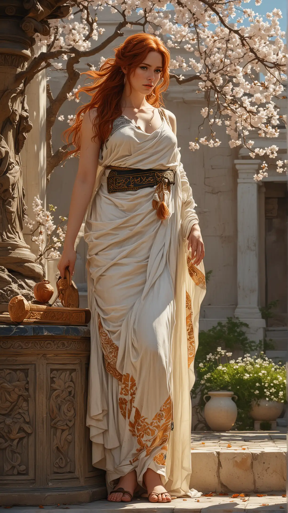 a highly detailed painting by Alauric Giuseppe Vinante of an auburn haired female version of Conan wearing a greek toga inspired dress for the game black desert online, white, amber, umber and gray colors posing, marble bench, large Grecian vase with cherry blossoms, bright midday sun with heavy shadows, high contrast, meticulous linework precision, slumped/draped, realistic detail