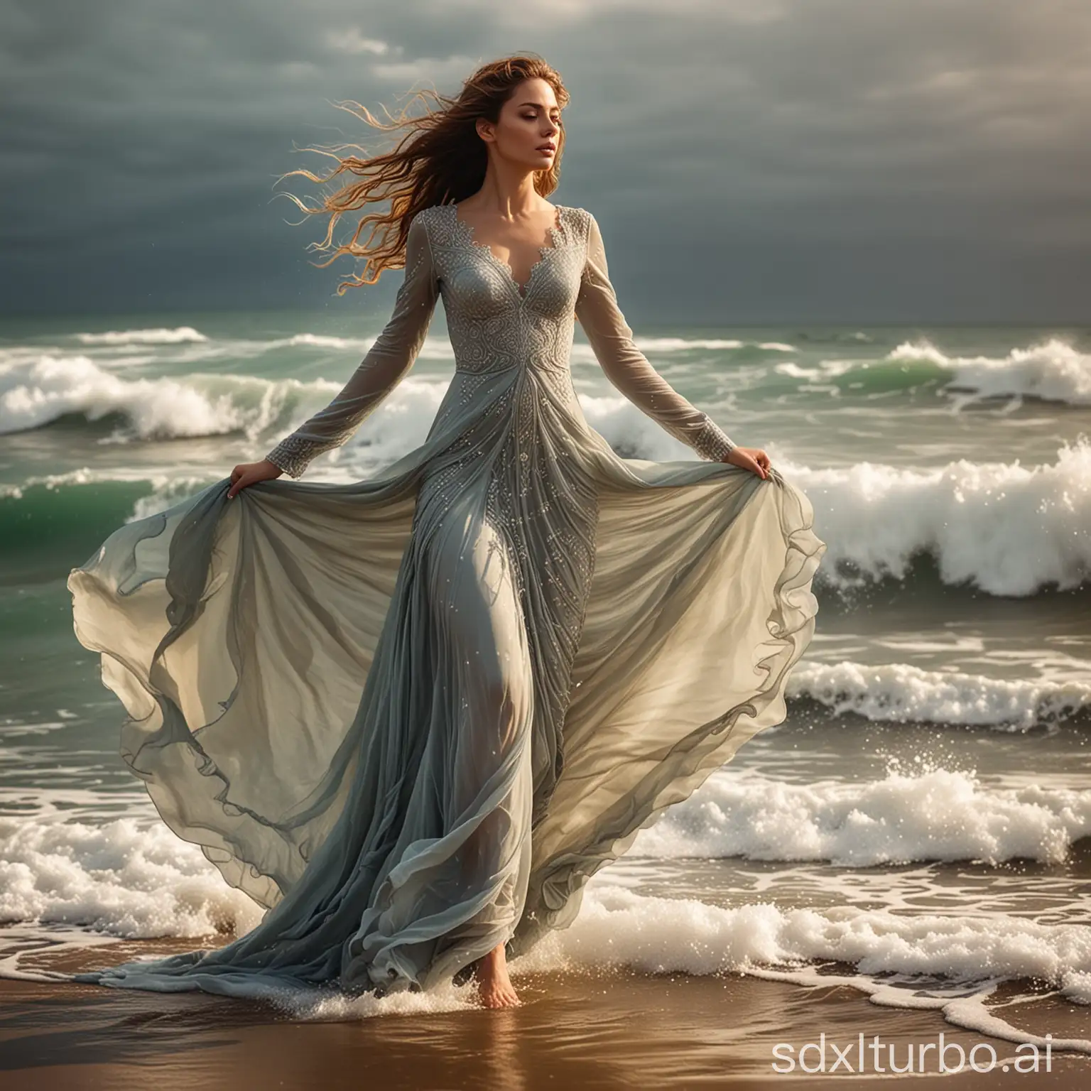 She walks in a liquid flowing dress. Ornate. Windy