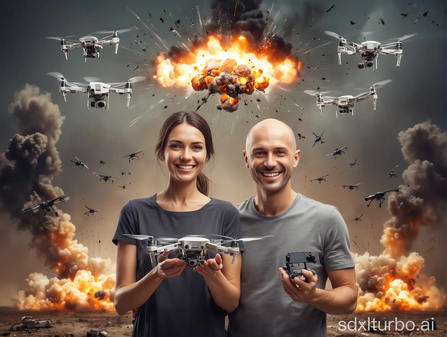 Beautiful smiling couple with drones on hand, husband without hair,behind explosion like a war