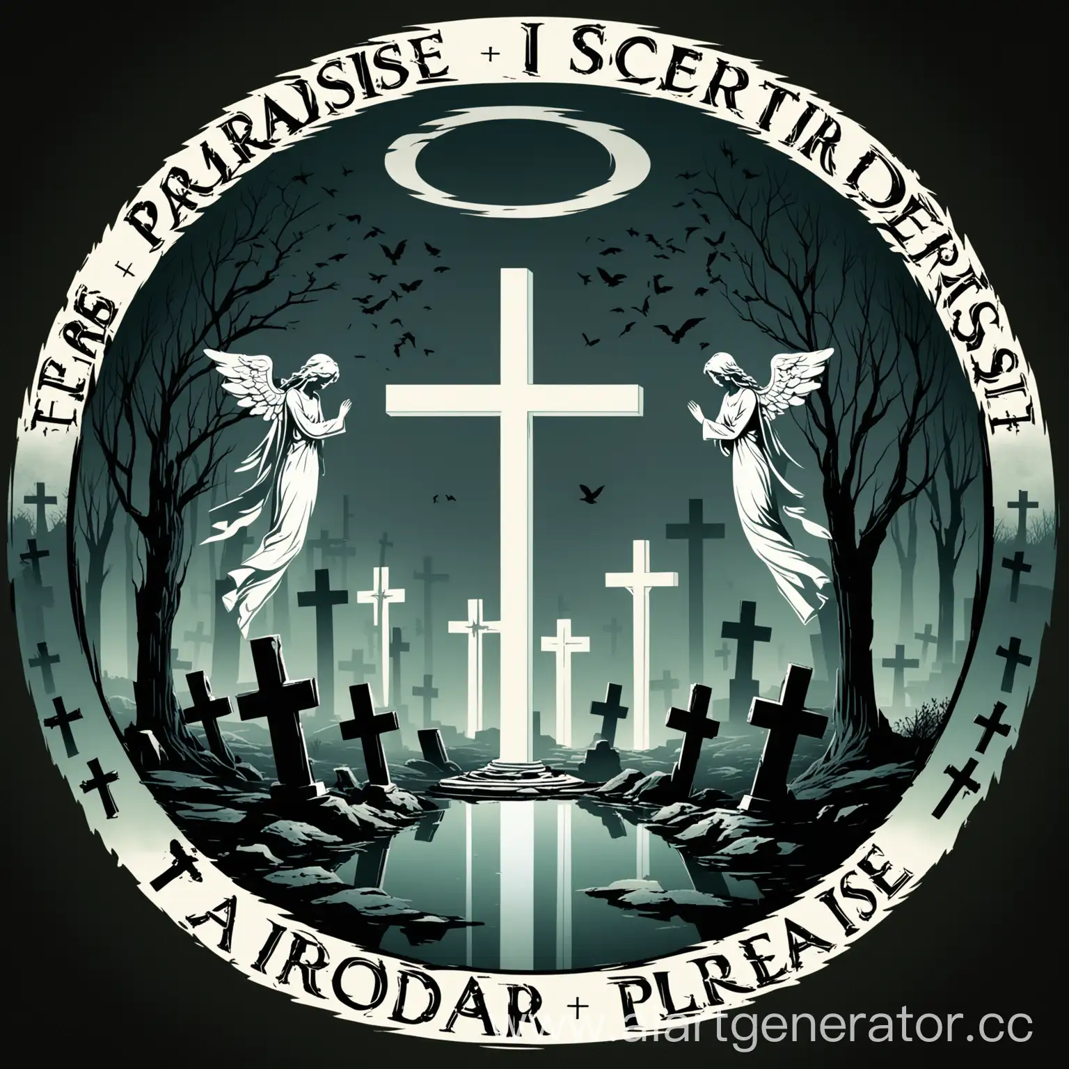 The circular logo features the word "Paradise" prominently displayed in a stylish, elegant font. At the center of the design, an angel is depicted standing solemnly in a graveyard, conveying a sense of both serenity and melancholy. Surrounding the angel are several crosses, creating a somber yet tranquil atmosphere. The contrast between the concept of "Paradise" and the graveyard setting invites reflection and adds depth to the logo's imagery.
