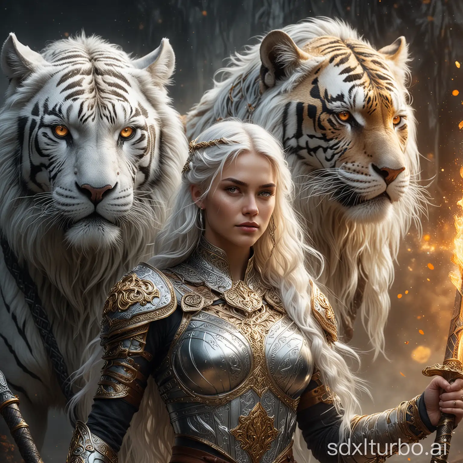 Create a mesmerizing digital artwork featuring a stunning female Viking adorned in silver armor with long wavy, layered white hair streaked with gold. She stands beside an intricate filigree tiger, wielding a flaming sword. Rendered in the style of alcohol ink and oil painting, use photorealistic hyperrealistic octane rendering to bring this UHD fantasy scene to life