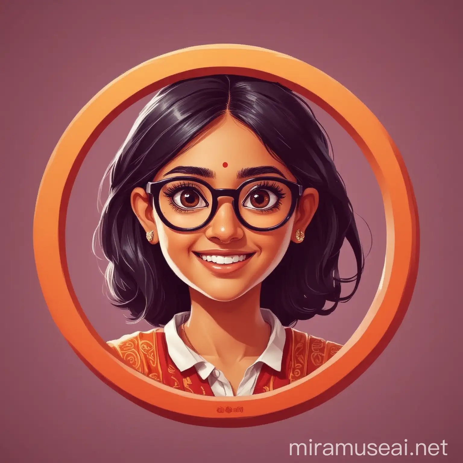 generate an animated logo for a business named AKIA, in the logo there must be an Indian girl fair in colour of around 23 years wearing spectacles and smiling a bit in the centre preferably in a circle or an ellipse. the image should be like vector art