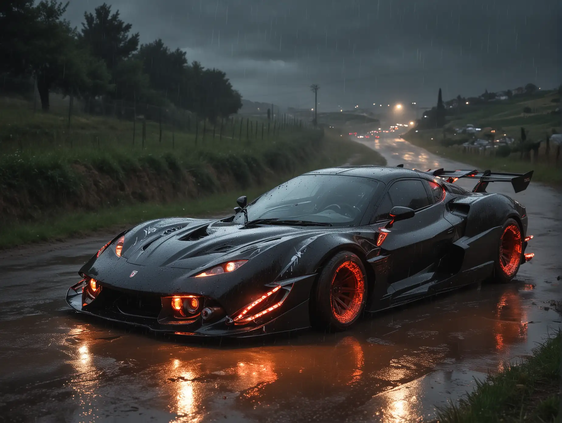 Create  futuristic  Italian with France cars  tuning type  Evil venom with big Wells  drifting at night in the Downhill background black dark color rear view from far away raining with fire add lightning marks on the body of car