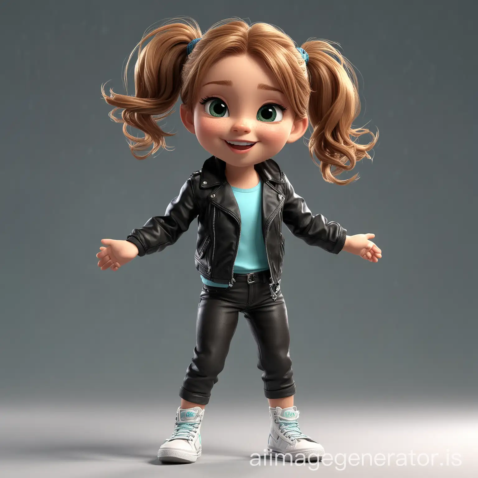 ANIMATION OF A 3D LITTLE GIRL WITH LIGHT BROWN HAIR AND TWO PONYTAILS DANCING ON A STAGE. THE GIRL LIKES LIGHT BLUE, Light GREEN and BLACK COLORS. SHE IS WINKING AN EYE. HER CLOTHING STYLE IS SIMILAR TO SINGER LUA LIP AND SHE WEARS A LEATHER JACKET AND PANTS. THE GIRL IS SEEN DANCING ON STAGE. THE GIRL IS 8 YEARS OLD AND WEARS PANTS. IT'S A 8 YEAR OLD GIRL AND THE SHOT IS FULL BODY. She has a face of happiness
