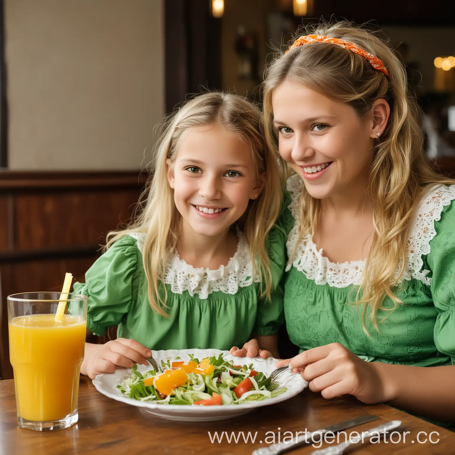 Mother-and-Daughter-Enjoying-Healthy-Salad-and-Fresh-Orange-Juice-in-a-Restaurant