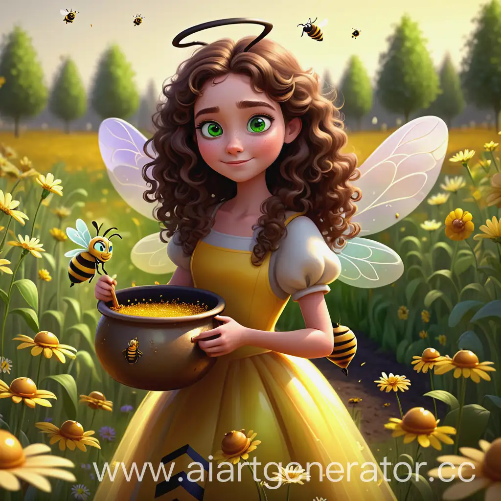 Pixar style, a girl with long and curly brown hair and green eyes, dressed up like a queen bee, having bee wings, with a honey cauldron in her hand, in the flower field