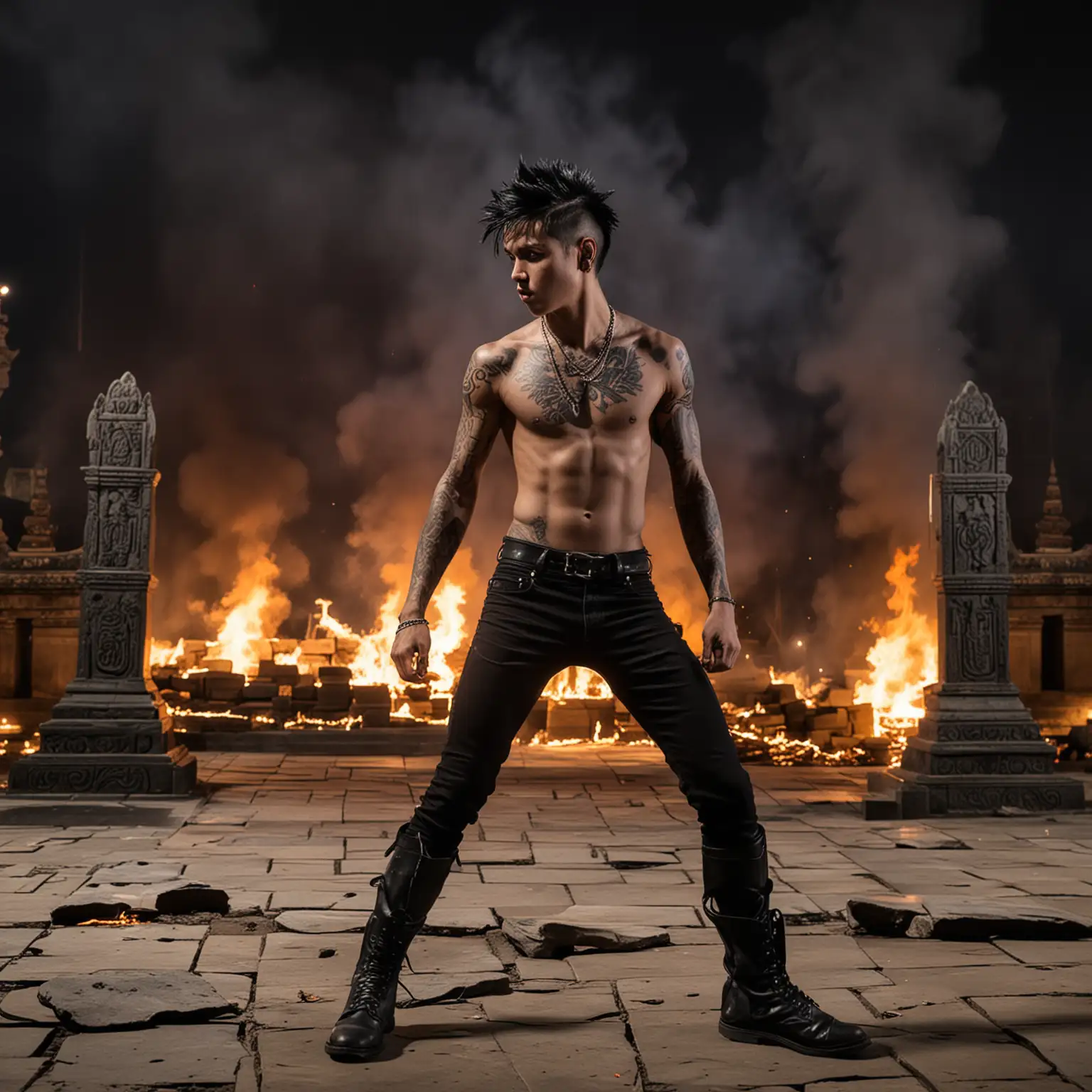 a bare-chested 16 year old boy with black mohawk hair, body full of tattoos, wearing black cloth and black boots fighting with fire in front of Indonesian stone temple at night