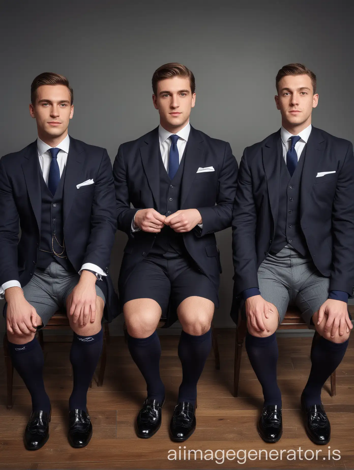 Please create the image of 3 handsome mascular English bankers sitting in london office wearing black loafer with navy socks.
