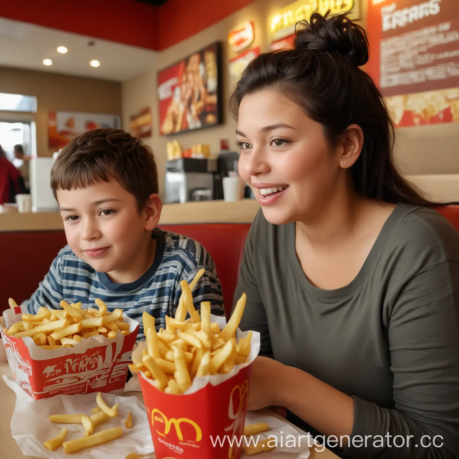 Реальная фотография. Мальчик с мамой сидит в ресторане фастфуда и ест картошку фри. Мальчику 10 лет, маме 35 лет. У мамы короткие чёрные волосы. Мама полная.