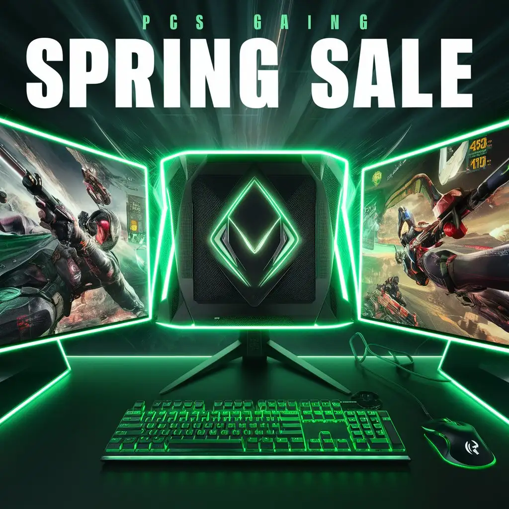 Ad for spring sale with bright PC gamer monitor with green LED keyboard and mouse displaying awesome game
