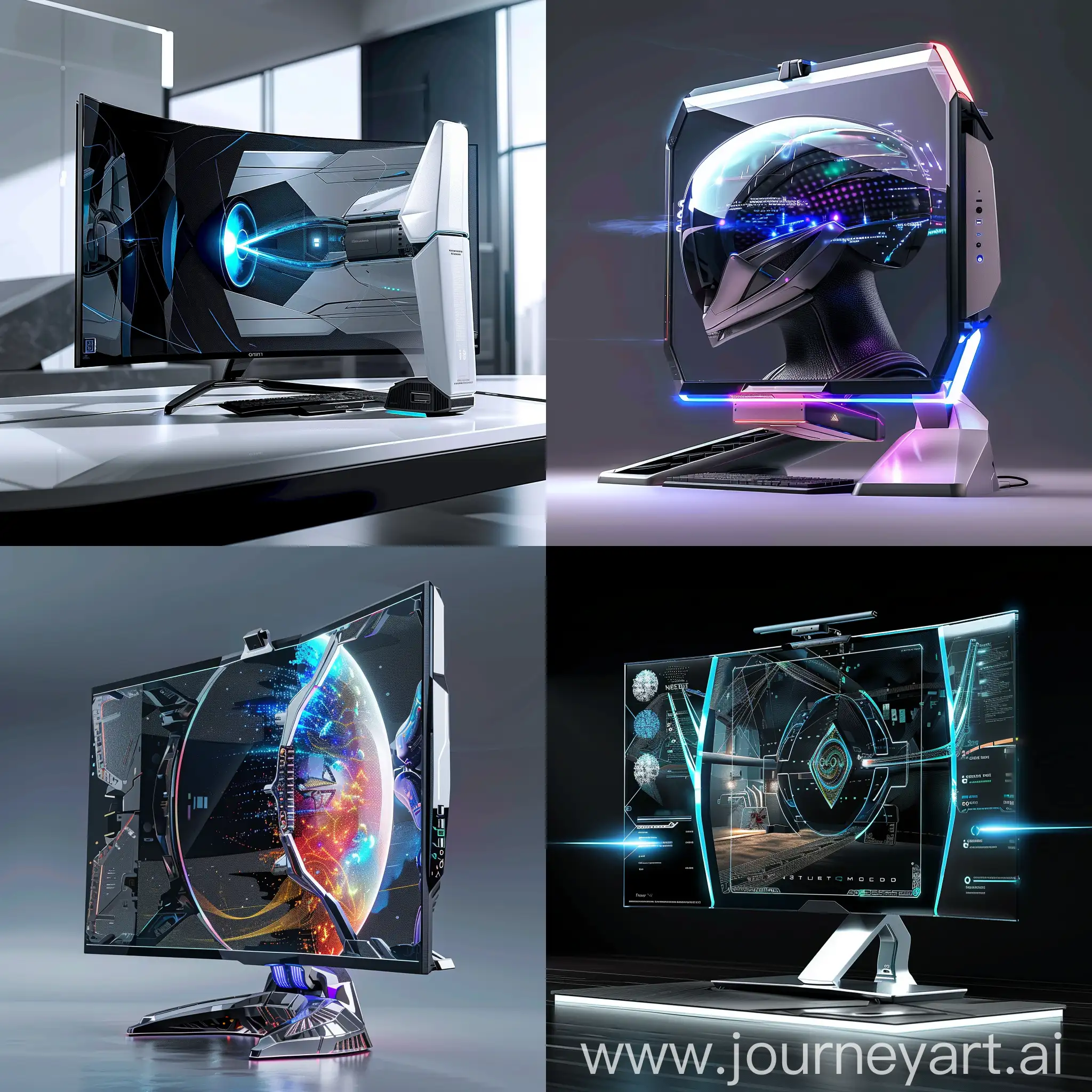 Futuristic PC monitor, in futuristic style, Transparent OLED Display, Holographic Projection, Augmented Reality (AR) Integration, Biometric Sensors, Self-Healing Materials, Neural Processing Unit (NPU), Wireless Power Transmission, Adaptive Refresh Rate, Quantum Dot Enhancement, Modular Design, Dynamic RGB Lighting, Nano-textured Surface, Ultra-slim Bezels, Tactile Touch Controls, Artificial Intelligence Assistant, Integrated Wireless Charging Dock, Artistic Display Stand, Adjustable Ergonomic Stand, Transparent Acrylic Panel, Modular Bezels, unreal engine 5 --stylize 1000