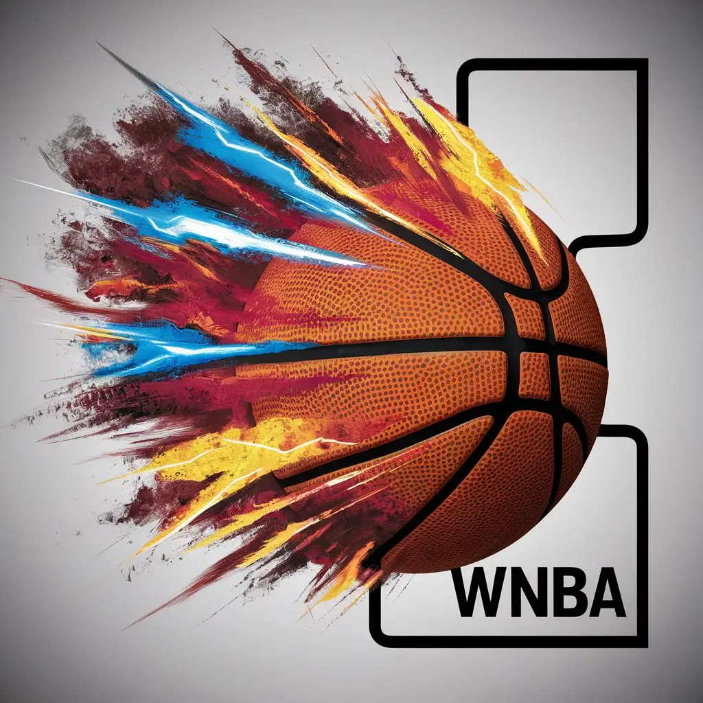  wnba abstract insignia design of a basketball with color palette dynamic and bold, featuring hues of fiery reds, electric blues, vibrant yellows, and powerful purples coming out like fire from the back of the basketball, fit design in frame, "wnba"