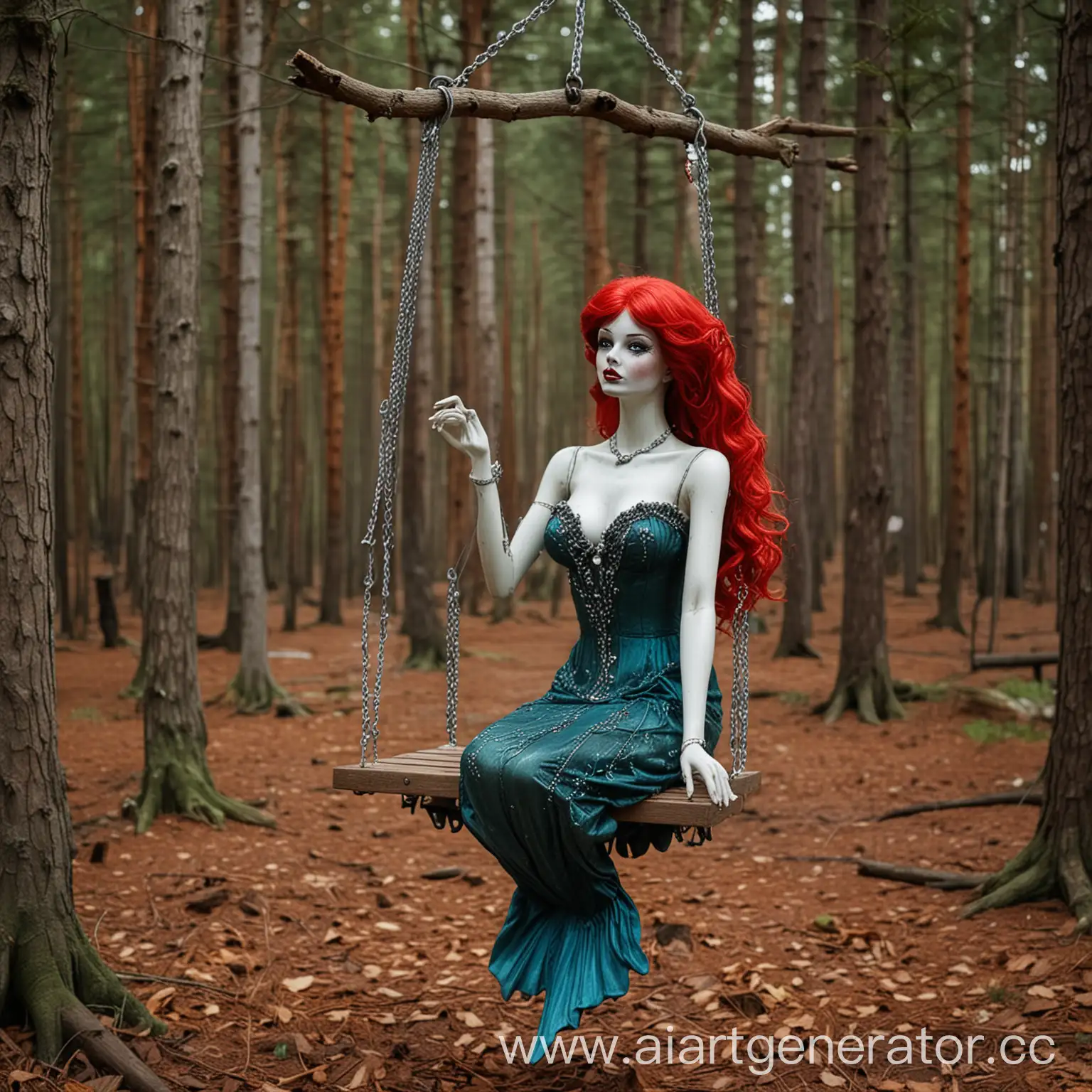 Eerie-RedWigged-Mannequin-Mermaid-on-Swing-in-Forest