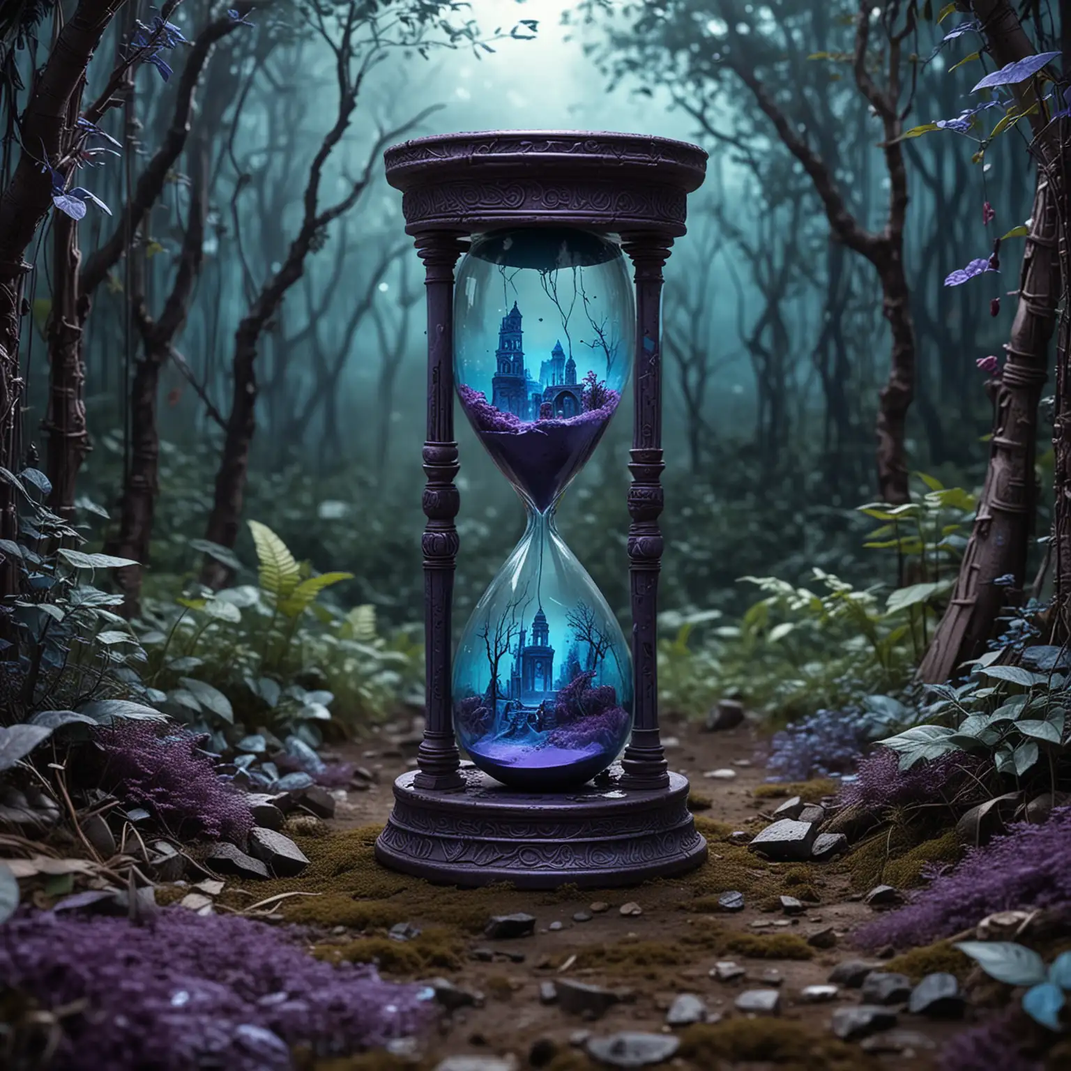 an hourglass with a ruined city inside of half of it and an advanced city in the other half. The hourglass is stood in a deep mystical lush blue and purple forest surrounded by lots of foliage. The hourglass is decorated with hieroglyph style markings