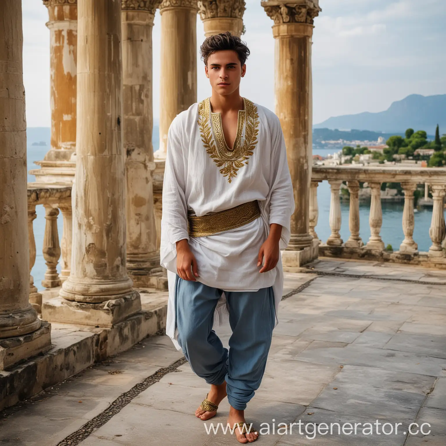 Majestic-Young-Man-with-DualColored-Eyes-and-Golden-Laurels-at-Seaside-Palace-Terrace