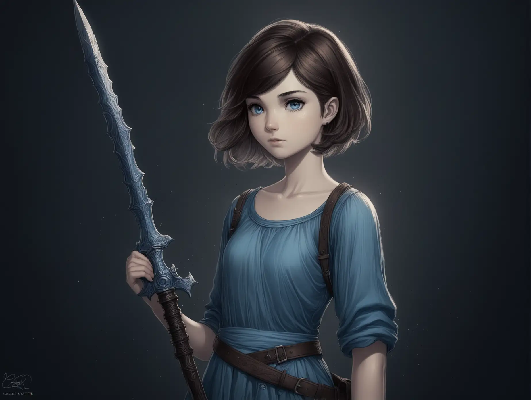 20-year-old girl, shopkeeper, black-brown hair, small chest, short haircut, small butt, gray-blue eyes, short stature, weapon trader clothing, Dark Fantasy, anime, Charlie Bowater, pastel, dark background