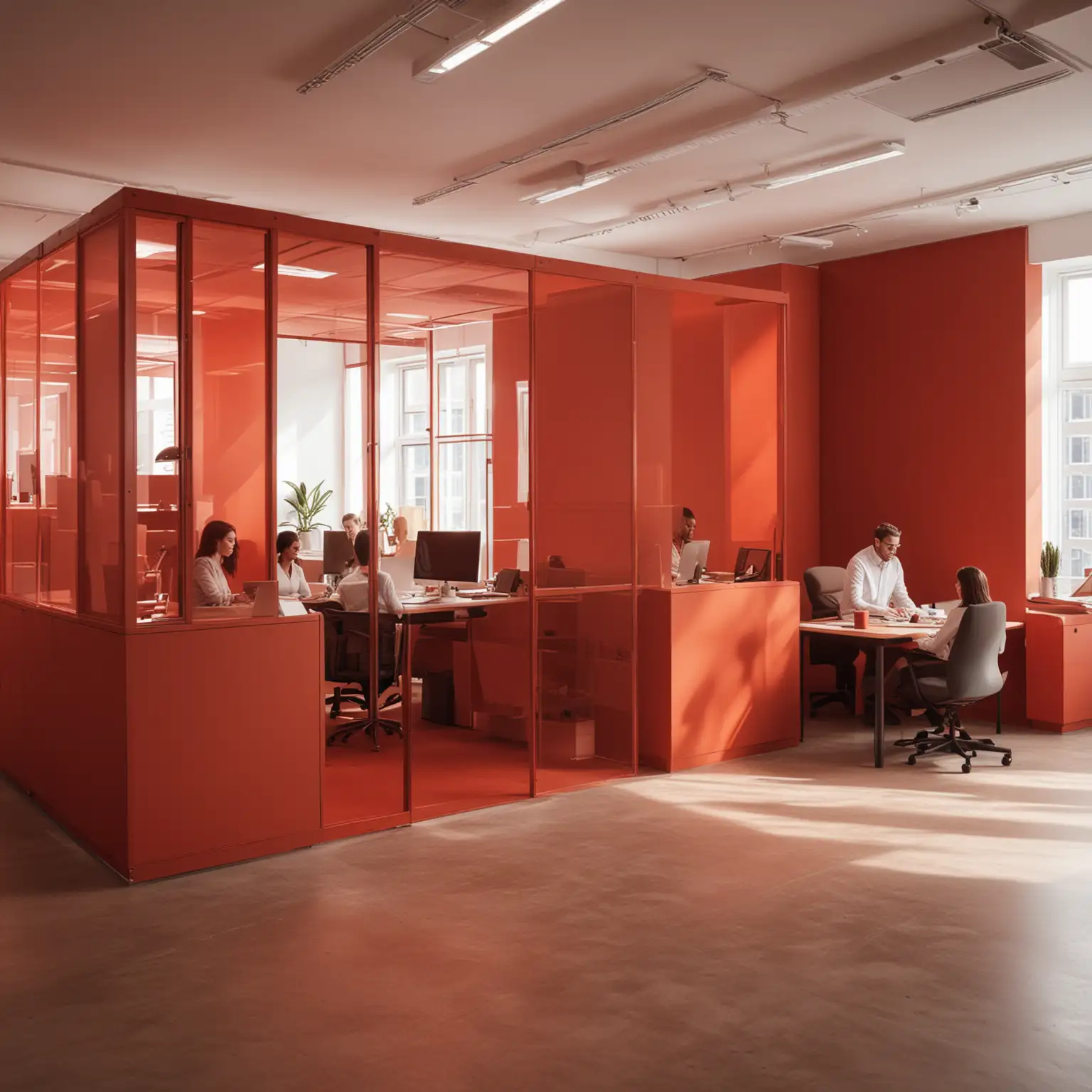 Modular space integrated into a Room System, open office, warm reddish tones, people in the office who are wearing red