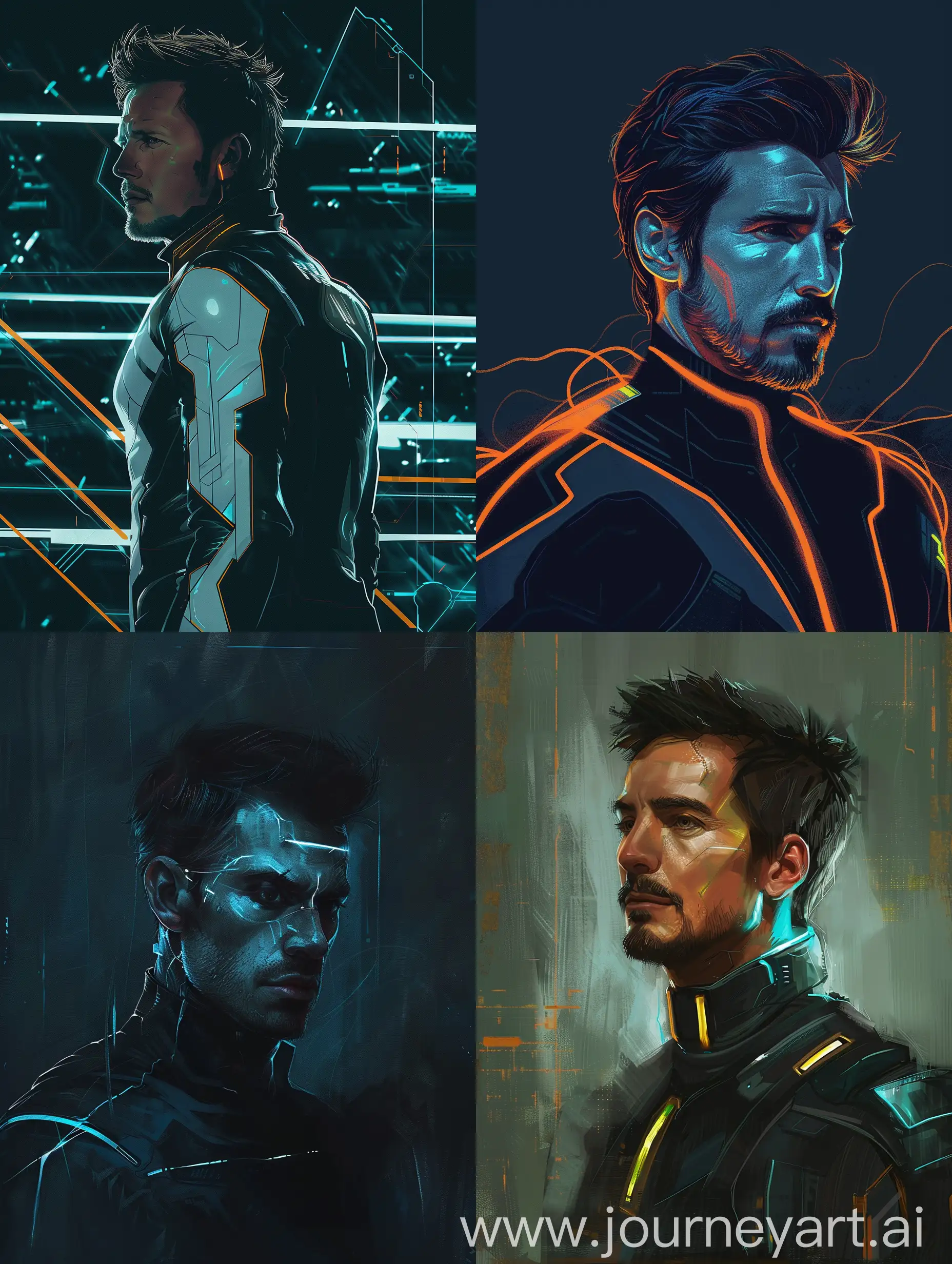 A portrait of man in the style of Tron Legacy portrait style