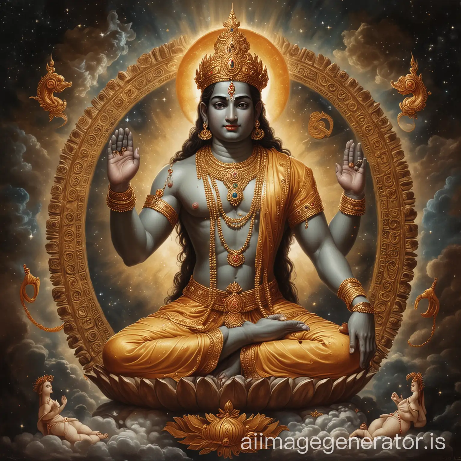 Lord Vishwakarma, the Divine Artisan, stands regally against a celestial backdrop, his golden skin radiating divine energy. Adorned with sacred symbols, he wears a crown featuring the Aum and jewelry adorned with the Swastika. In his right hand, he holds the Trishula, symbolizing mastery over creation, preservation, and destruction. At his feet lies the Shiva Linga, representing cosmic union and the source of creation. His left hand gestures in the Abhaya Mudra, offering blessings and protection. Surrounding him is the divine dance of the Nataraja, embodying the cosmic rhythm of existence. This concise description captures the essence of Lord Vishwakarma, the embodiment of creativity and craftsmanship in Hindu mythology.