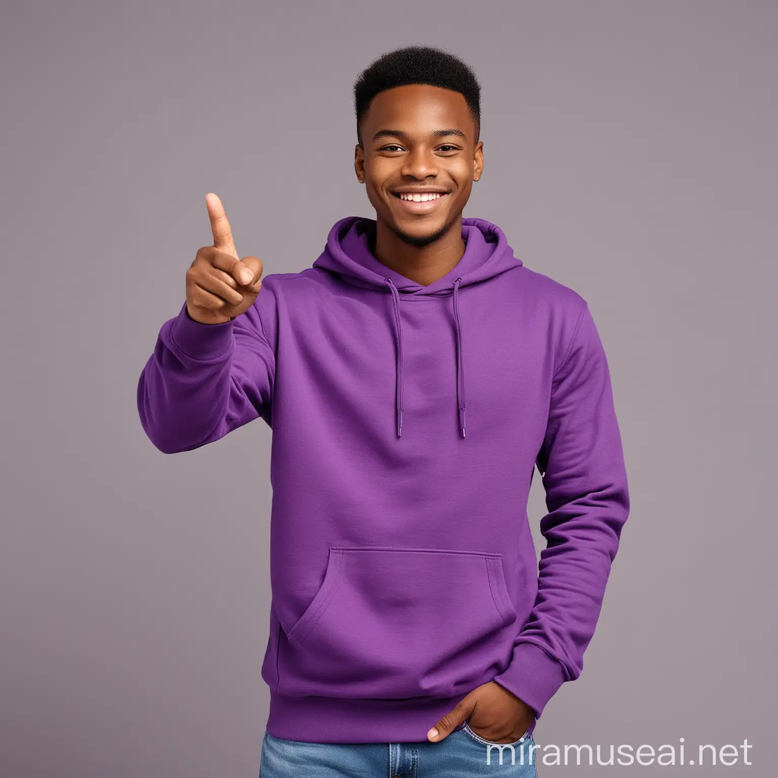 Cheerful smiling african young man , putting on a purple sweatshirt  ,pointing with hand and finger to the side looking at the camera ,  posing to camera , standing against gray space 