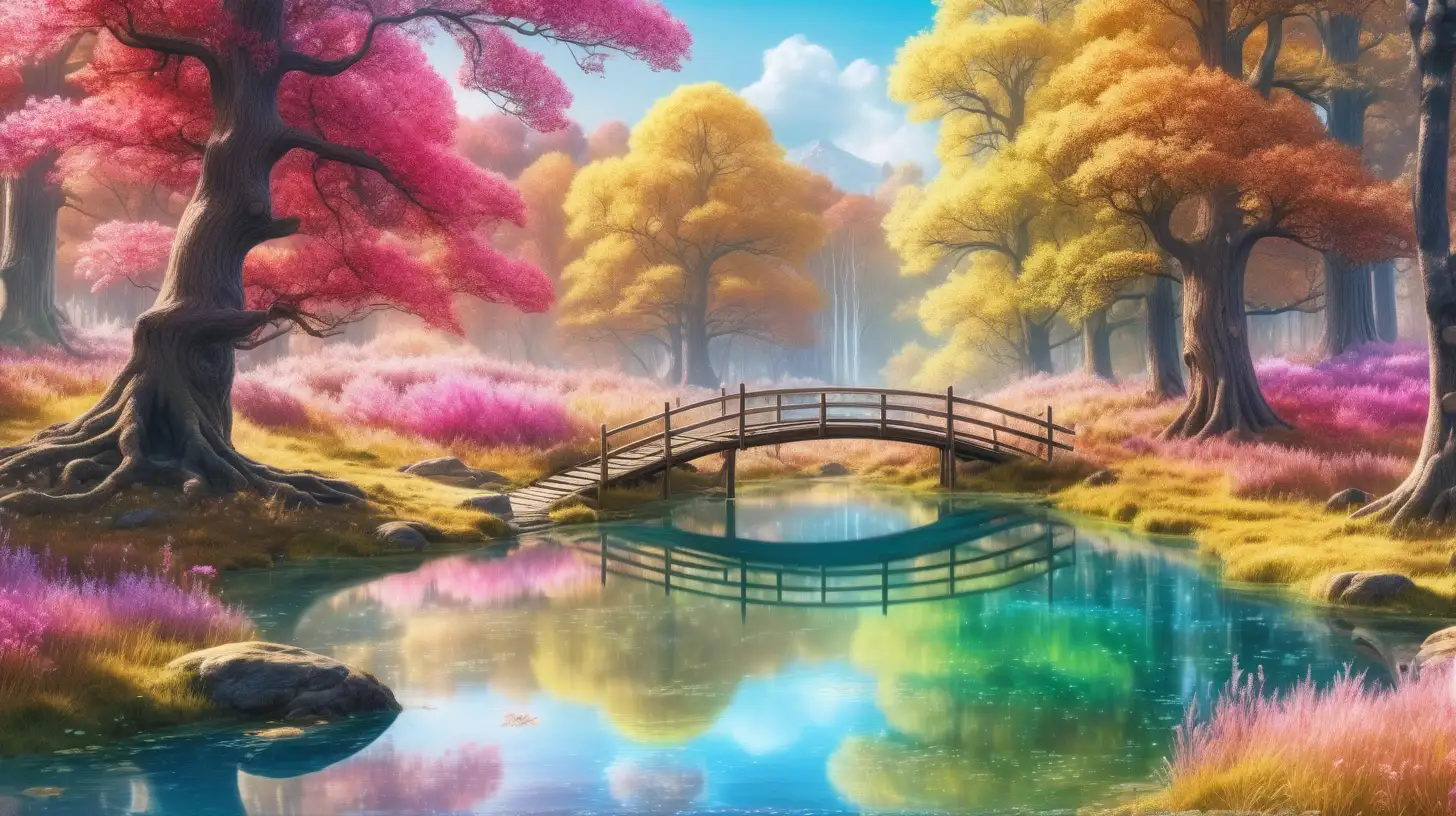 Autumn covered forest with green and Blue and red. Pink and Red luminescent water and golden luminescent grass in the daytime autumn oak trees and magical flowers with a magical golden glowing forest with a pond in the meadow. With a wooden bridge to another world and pumpkins.