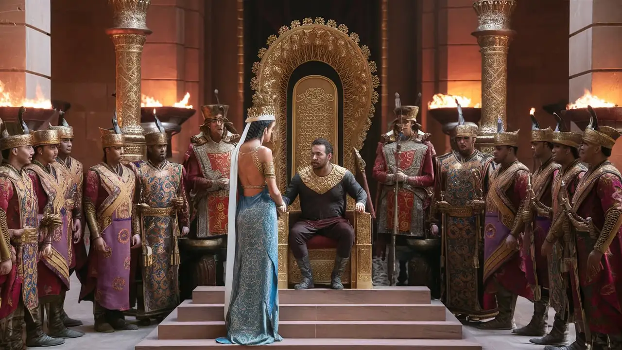The queen of Sheba stands facing king Salomon who is seated on his throne, surrounded by his courts and his guards, all dressed in ancient rich oriental clothes, stunning palace interior brightly illuminated with torches on the walls, profile shot, full figures, cinematic, panoramic view,