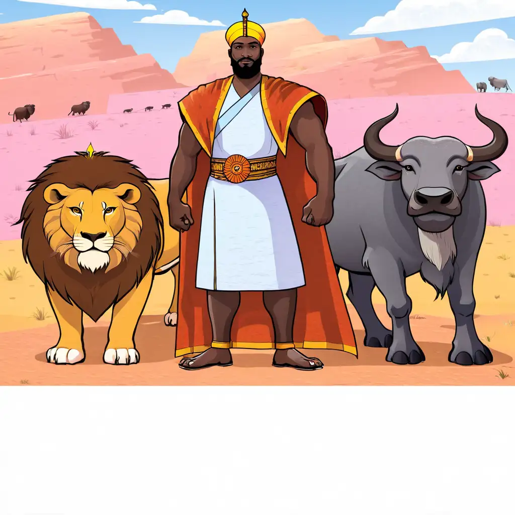 Royal Monarch of Mali beside Lion and Cape Buffalo in Majestic Display